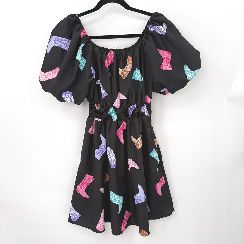 Fantastic Fawn Puff Sleeve Mini Dress Women M Cowgirl Western Boho Country